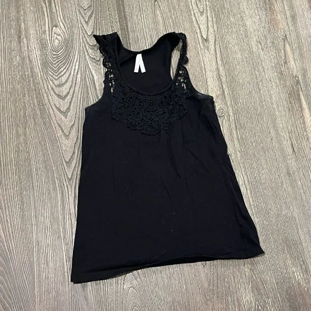 Color Story Tank Top Crochet Front Racerback Cotton Blend Stretch Black Large